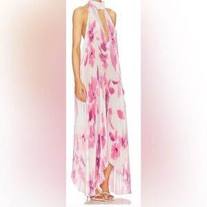L’idee pleaded pink and white halter dress